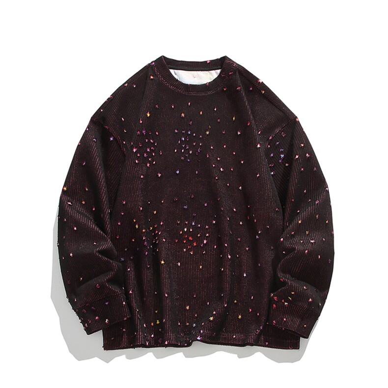 彩色星星提花破洞圆领卫衣男女设计感美式长袖t恤W4682-特价P50,男装卫衣,电商A007