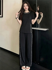 高级感时尚炸街阔腿裤套装女夏季新款洋气显瘦钉珠开叉上衣两件套，女装套装/套裙，江南