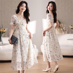 现货可推2025夏装新款气质小清新仙气雪纺印花收腰显瘦碎花连衣裙图片