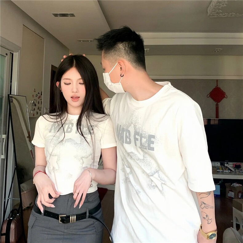 TX3161P35限48夏季大码宽松字母印花上衣情侣圆领短袖,男装T恤,电商A089-1