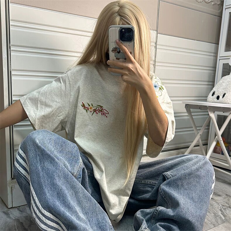 万针全刺绣工艺抖音得物高品质260克重磅纯棉双纱美式高街短袖T恤,男装T恤,电商A486-1