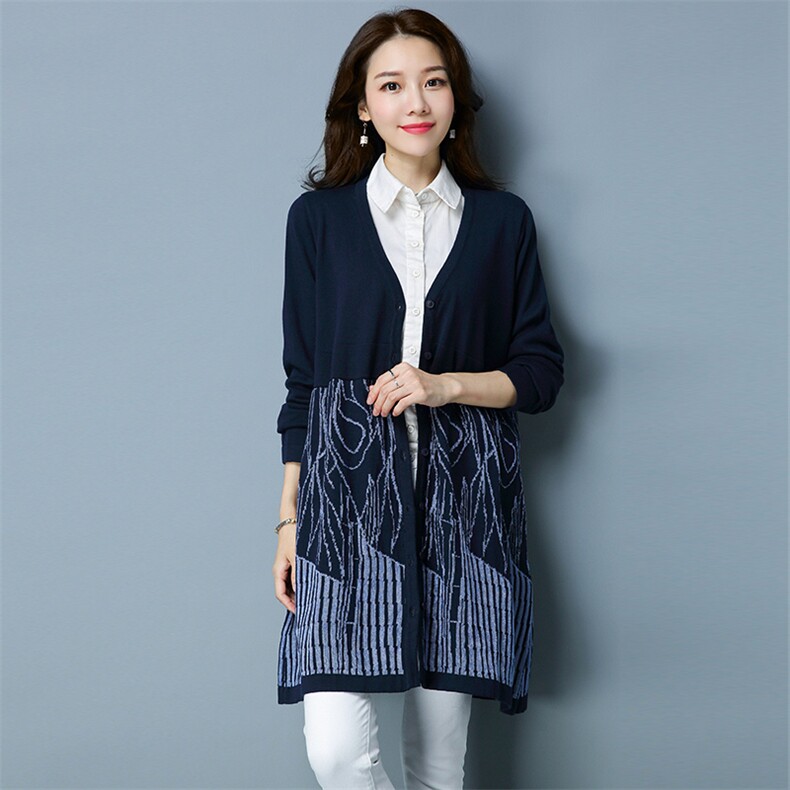 中长款A字型纽扣拼接针织衫/毛衣抽象图案通勤V领017年冬季，女装针织衫/毛衣，独衣靓