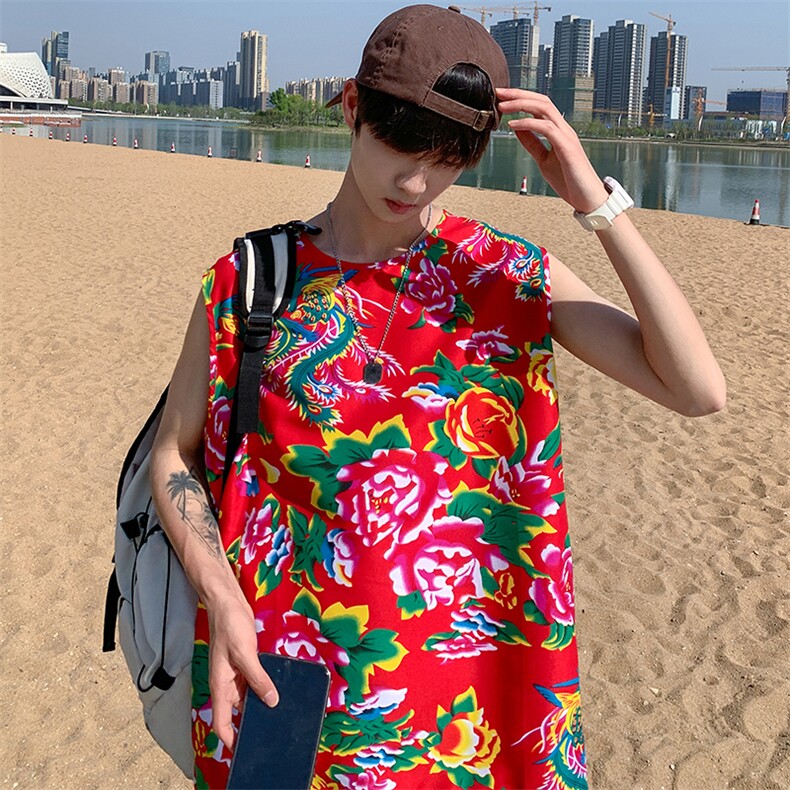 夏季大码东北大花布男背心坎肩运动马甲男装风民族牡丹花MJ01,男装背心/马甲,星座115A(原星座507）
