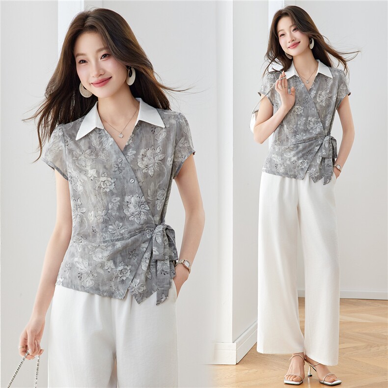 现货！夏装新款宽松休闲套装中年女士优雅风印花上衣两件套休闲裤，女装套装/套裙，沐七七