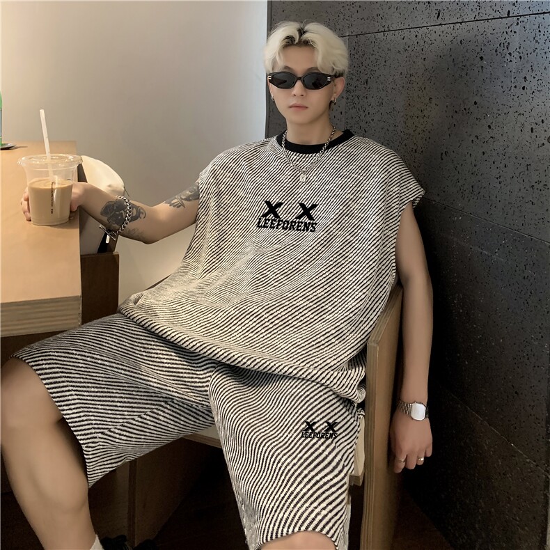 背心短裤套装男夏季痞帅时尚休闲篮球服条纹一套搭配潮牌特P55图片