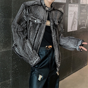 美式个性水洗做旧短款牛仔外套立领男女春秋垫肩夹克时尚毛边设计图片