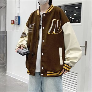 港风情侣毛呢拼皮外套棒球服夹克男日系复古潮宽松休闲 W5017-P57图片