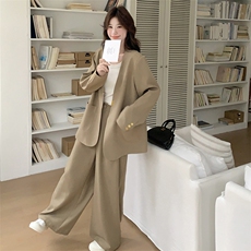 卡其色时尚西装套装女2025春秋新款韩系轻熟风休闲阔腿裤两件套，女装套装/套裙，2C116