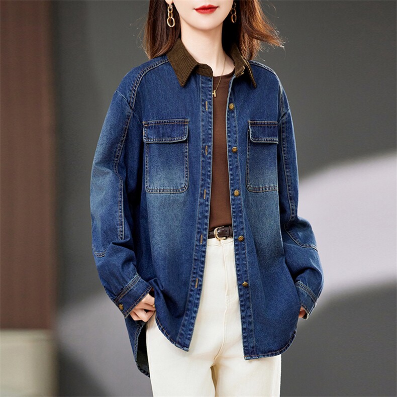 2025年春季新款现货今年流行宽松休闲时尚中长款牛仔衬衫衬衣外套，女装衬衫，浙宝2-166