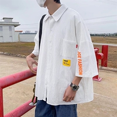 L学院风百搭七分袖衬衣男休闲潮流夏季港风短袖衬衫W3011-P33，男装衬衫，星座512-2
