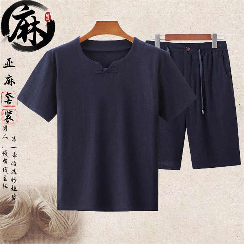 2024常货高品质男中老年风亚麻套装短袖T恤亚麻短裤套装，男装休闲套装，钱塘723