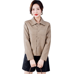 皮衣外套女2023年春季新款洋气减龄百搭小个子口袋短款夹克上衣潮图片