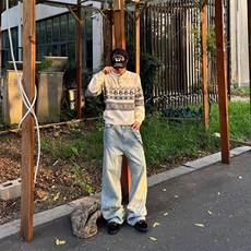 重磅秋冬装北极绒套头毛衣美式复古休闲慵懒风提花工艺针织衫外套，男装针织衫/毛衣，电商A443
