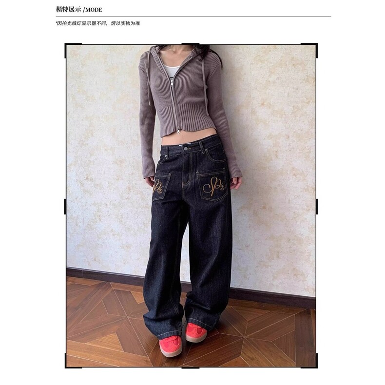 美式潮牌口袋刺绣阔腿牛仔裤男女春秋季新款百搭休闲长裤潮牛仔裤,男装牛仔裤,星座302B-2