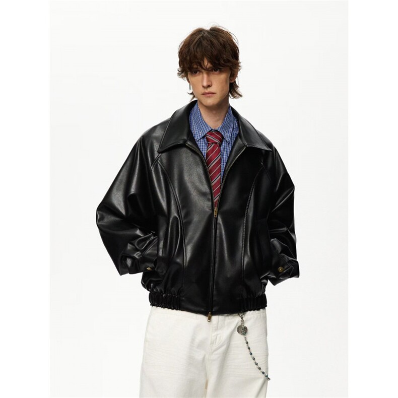 W10473-P73网图现货黑色翻领pu皮衣外套宽松机车服拉链短款夹克，男装皮衣，星座1608