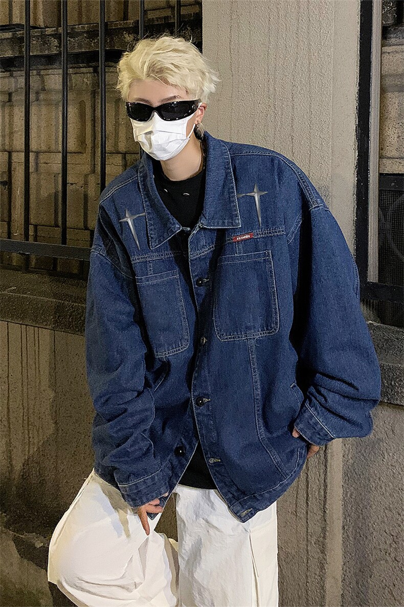 男装牛仔外套2026秋几何绣标印花男生翻领夹克XZ514-2-N100-P88,男装工装外套,星座514-2(原B239)