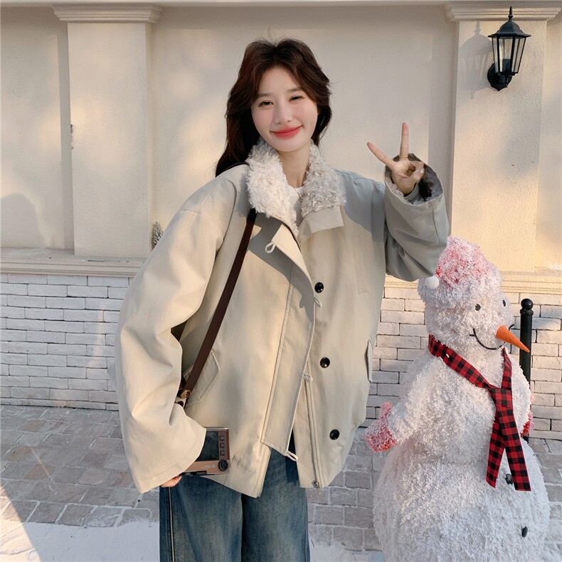 韩系羊羔毛拼接派克服女2025冬季新款设计感加绒加厚保暖工装棉服,女装派克服,2C056
