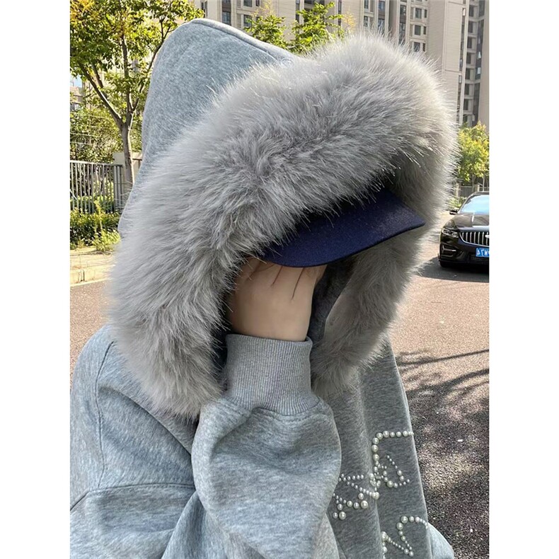 加绒400克字母钉珠可拆卸毛领连帽卫衣男女秋冬宽松外套WY215，女装短外套，星座813-2