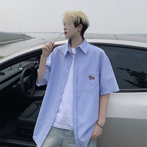 B221 美式ins港风宽松薄款条纹短袖衬衫SY2556-特P35控59图片