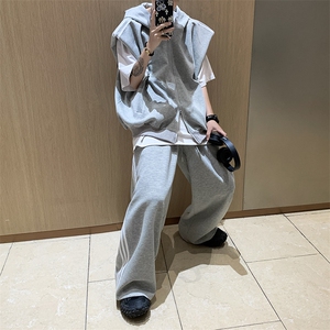 DP3708-P65三杠条纹设计休闲运动套装春夏垫肩无袖卫衣卫裤两件套图片