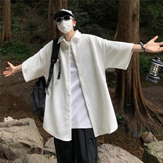 日系复古纯色纹理高级感短袖衬衫男女夏季宽松情侣百搭衬衣CT599，男装衬衫，星座601-2