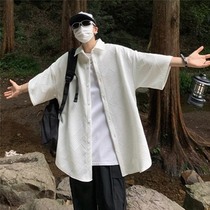 日系复古纯色纹理高级感短袖衬衫男女夏季宽松情侣百搭衬衣CT599图片
