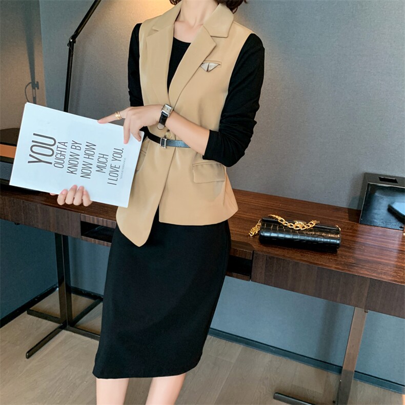 2022春装新款女装时尚百搭显瘦马甲连衣裙两件套套裙,女装套装/套裙,瑶迪依秀