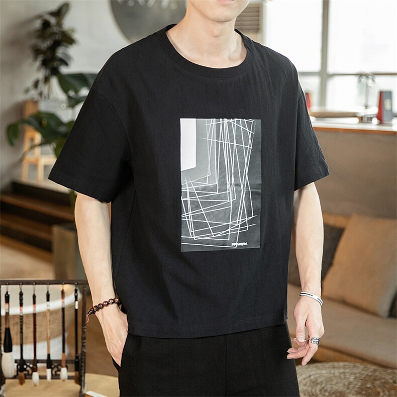 2021夏季新款日系大码男几何印花棉麻短袖亚麻风T恤T195-P30,男装T恤,电商A001