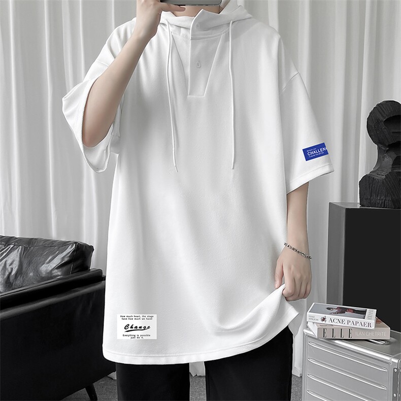 LD54062-P45 连帽短袖t恤男大码胖子带帽五分袖中袖图片