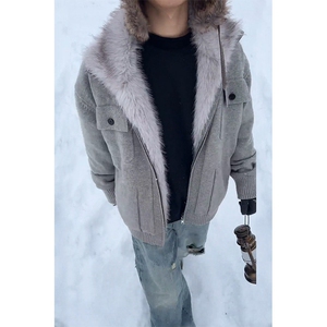 美式毛领座山雕棉服男款冬季加绒加厚针织衫毛衣外套短款保暖棉衣图片