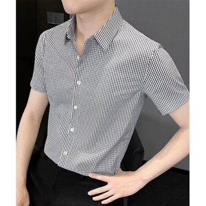 小格子衬衫男士短袖夏季2025新款痞帅男装商务修身衬衣 C41图片