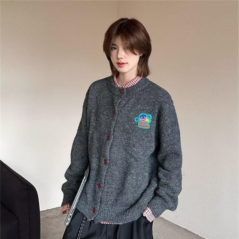 美式潮开衫圆领刺绣宽松休闲慵懒风毛衣外套针织衫男装MY66 P52图片