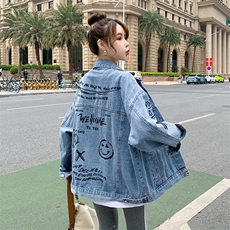 新款春季女涂鸦印花黑色长袖宽松韩版牛仔外套夹克潮Z046-85，男装夹克，星座911-3