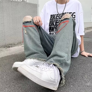 美式高街破洞牛仔裤直筒毛边宽松乞丐裤子男夏季 N1005图片