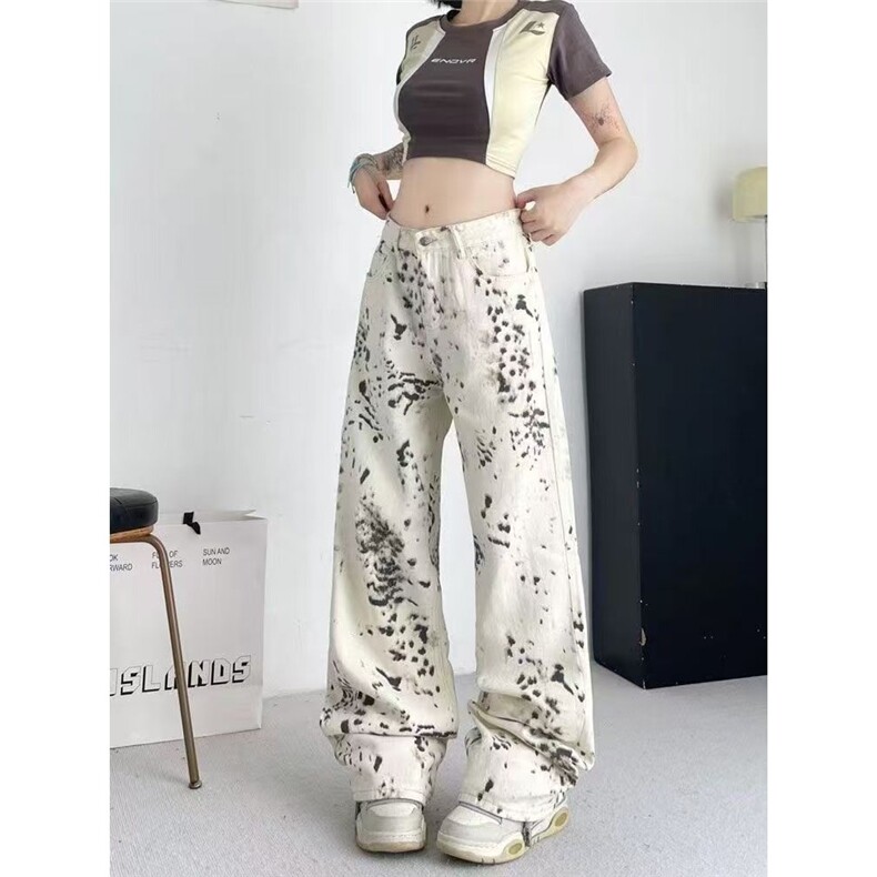 美式复古豹纹阔腿牛仔裤女夏季辣妹高街宽松休闲显瘦高腰直筒裤子,男装牛仔裤,星座1210-1