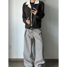 千鸟格复合打褶排扣a字阔腿西裤老钱风cleanfit通勤百搭，男装西裤，星座506A
