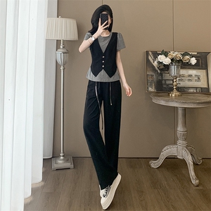 盐系轻熟时尚休闲运动时尚套装女夏假两件上衣宽松阔腿裤两件套潮图片