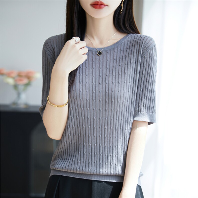 2025夏季新款圆领纯色羊毛针织衫女短袖百搭气质女上衣DMR-573,女装T恤,大美人包芯纱店