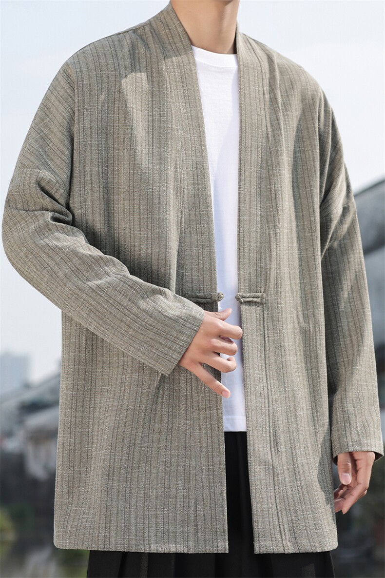 2026风男春夏长外套褂子盘扣条纹提花风衣仿麻披风J09-P105,男装风衣,电商B277(原6028)