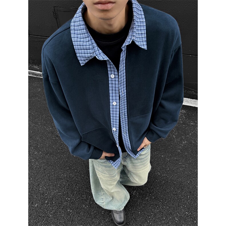 重磅华棉420g假两件男宽松格子拼接痞帅卫衣外套W5436-特P48控88图片