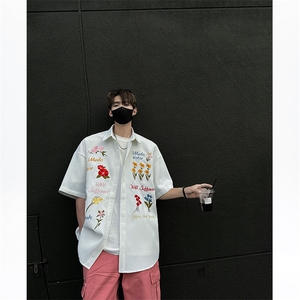 CS09-P50夏季男女同款刺绣休闲短袖衬衫宽松半袖寸衣百搭上衣