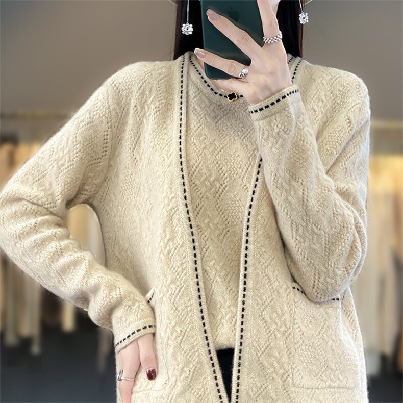 羊毛开衫女针织打底衫秋冬新款拼色长袖时尚羊绒外套,女装羊毛衫,蒙莲贝斯