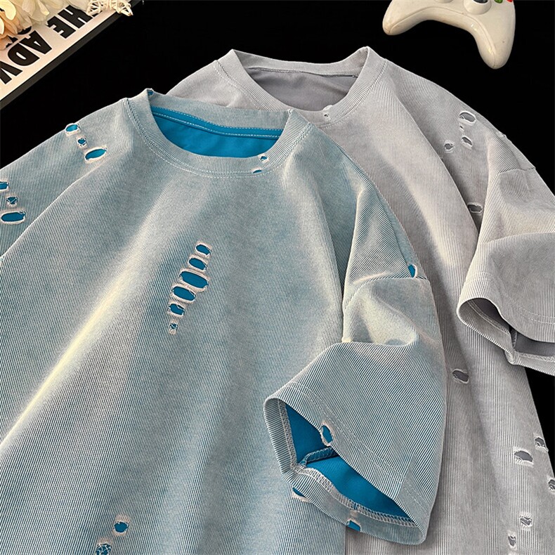 美式破洞短袖T恤男夏季潮牌半袖衣服宽松重磅体恤衫T3650-特价P33图片