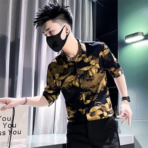 301A-1 CS585 P55 社会小伙店主风男士夏季花衬衫男中袖 潮 绿图片