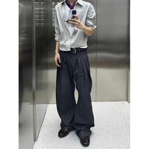 现货网图！三褶条纹美式复古休闲阔腿裤黑色白搭EX51068-特批45图片