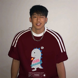 夏季美式高街重磅纯棉三条杠织带撞色男女短袖T恤ZD516-特P30图片