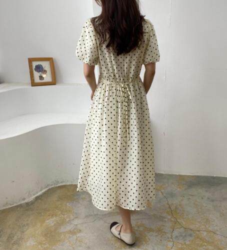 韩系V领波点连衣裙，女装连衣裙，土布鱼