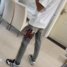 美式破洞牛仔裤男款2026新款潮牌轻奢刺绣下山虎弹力百搭修身长裤，男装牛仔裤，星座601-1