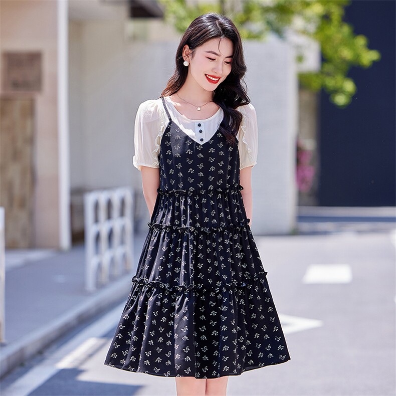 甜美减龄显瘦小个子碎花裙女夏新款轻薄a字裙泡泡袖假两件连衣裙,女装连衣裙,梦芯尔