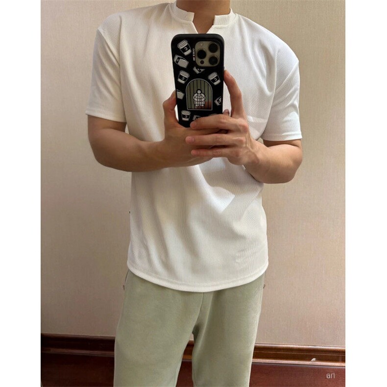 华夫格短袖T恤男小众设计感宽松休闲五分袖上衣夏季日常百搭 T131图片